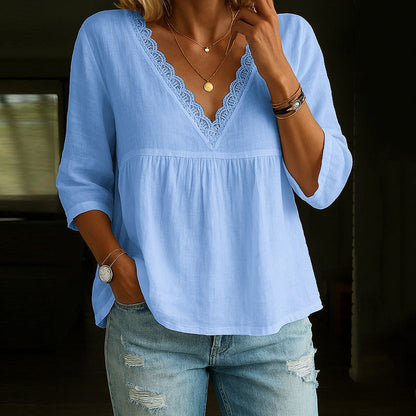 Women's 3/4 Sleeve V-Neck Blouse with Lace Trim and Flowy Fit