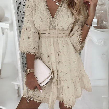 Women's Boho Mini Dress with Bell Sleeves and Embroidered Details