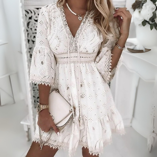 Women's Boho Mini Dress with Bell Sleeves and Embroidered Details