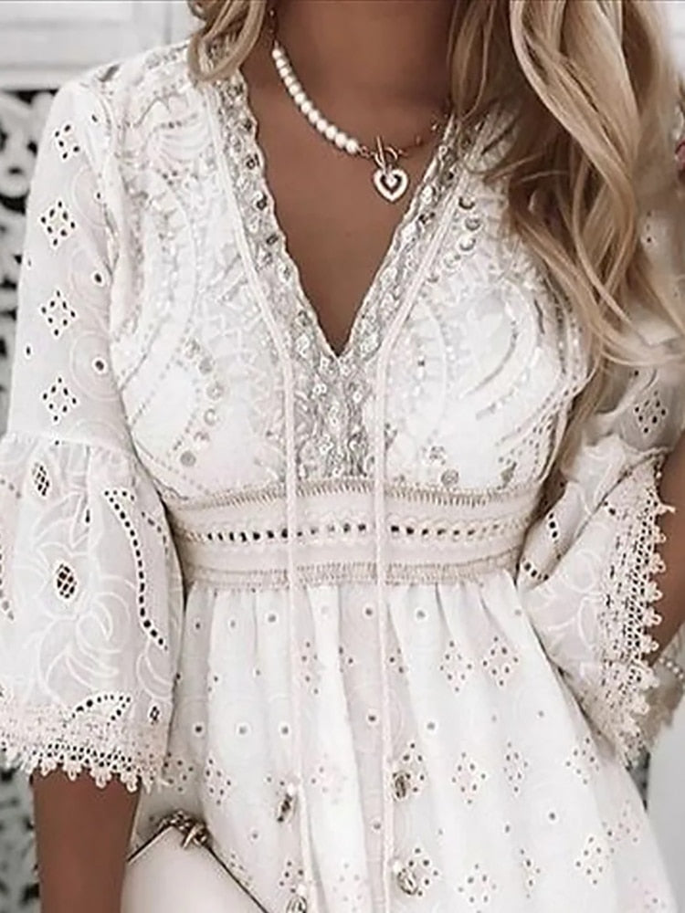 Women's Boho Mini Dress with Bell Sleeves and Embroidered Details