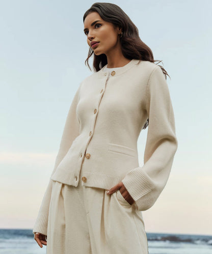 Women's Elegant Button Cardigan with Round Neck and Slim Fit Cut