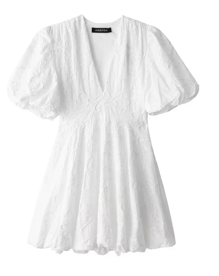 Women's Short Puff Sleeve Mini Dress with Textured Detail