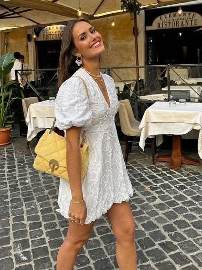 Women's Short Puff Sleeve Mini Dress with Textured Detail