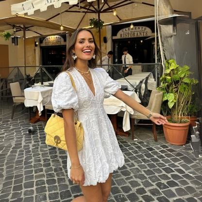 Women's Short Puff Sleeve Mini Dress with Textured Detail