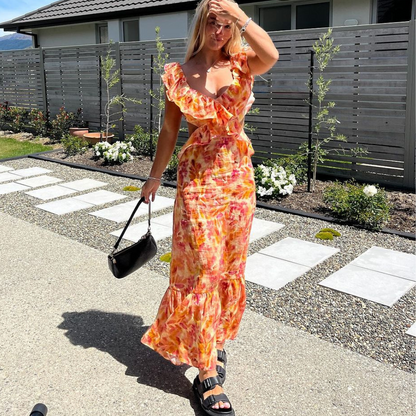 Women's Ruffle Cut-Out Maxi Dress with V-Neck