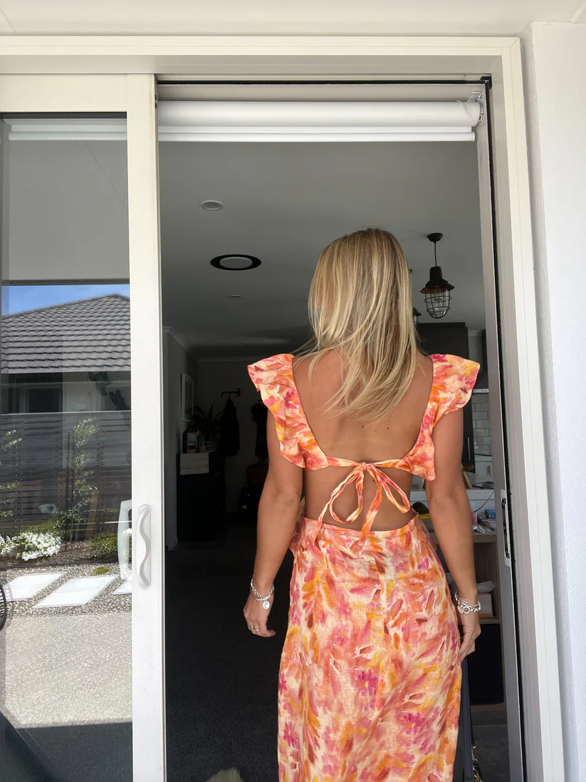 Women's Ruffle Cut-Out Maxi Dress with V-Neck