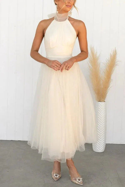 Women's Halter Neck Tulle Dress with Fitted Waist and Mid Length Skirt