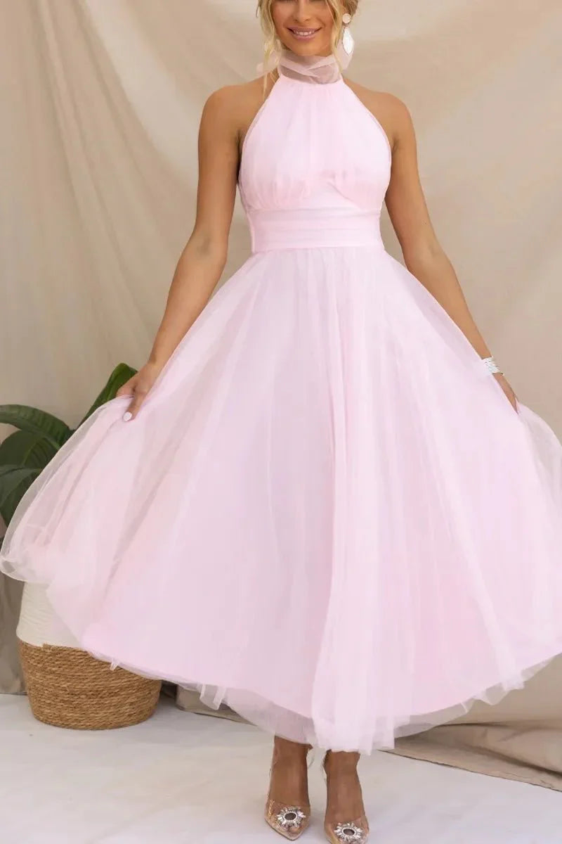 Women's Halter Neck Tulle Dress with Fitted Waist and Mid Length Skirt