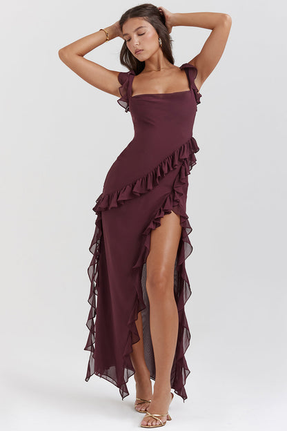 Women's Elegant Ruffle Maxi Dress with Thigh Split