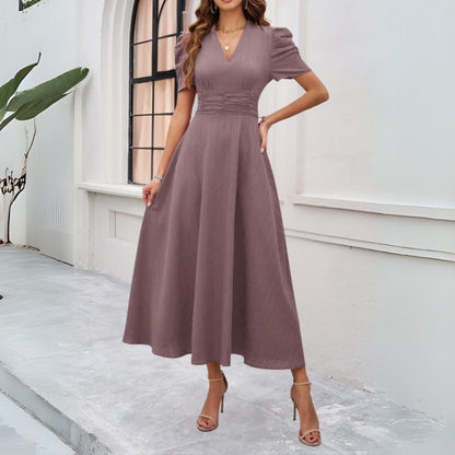 Women's V-Neck Puff Sleeve Maxi Dress with Fitted Waist Detail