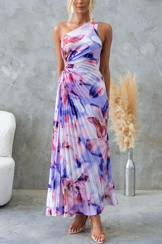 Women's One-Shoulder Pleated Maxi Dress with Floral Print Design
