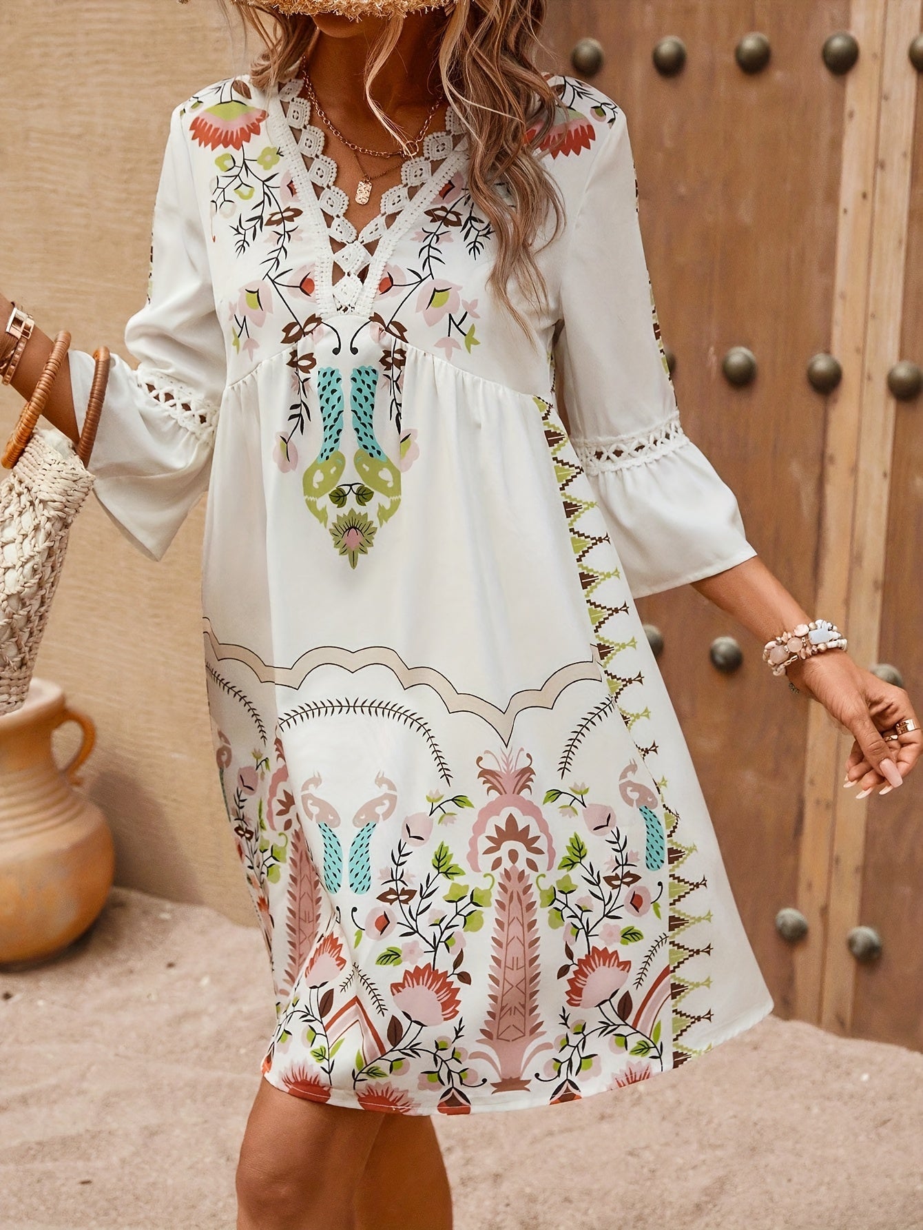 Women's Boho Embroidered Mini Dress with 3/4 Sleeves and V-Neck