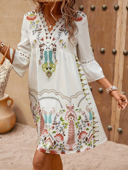 Women's Boho Embroidered Mini Dress with 3/4 Sleeves and V-Neck