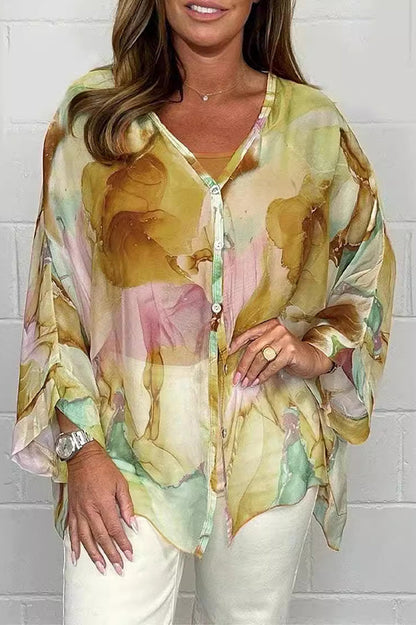 Women's Loose Button-Up Blouse with Watercolor Print
