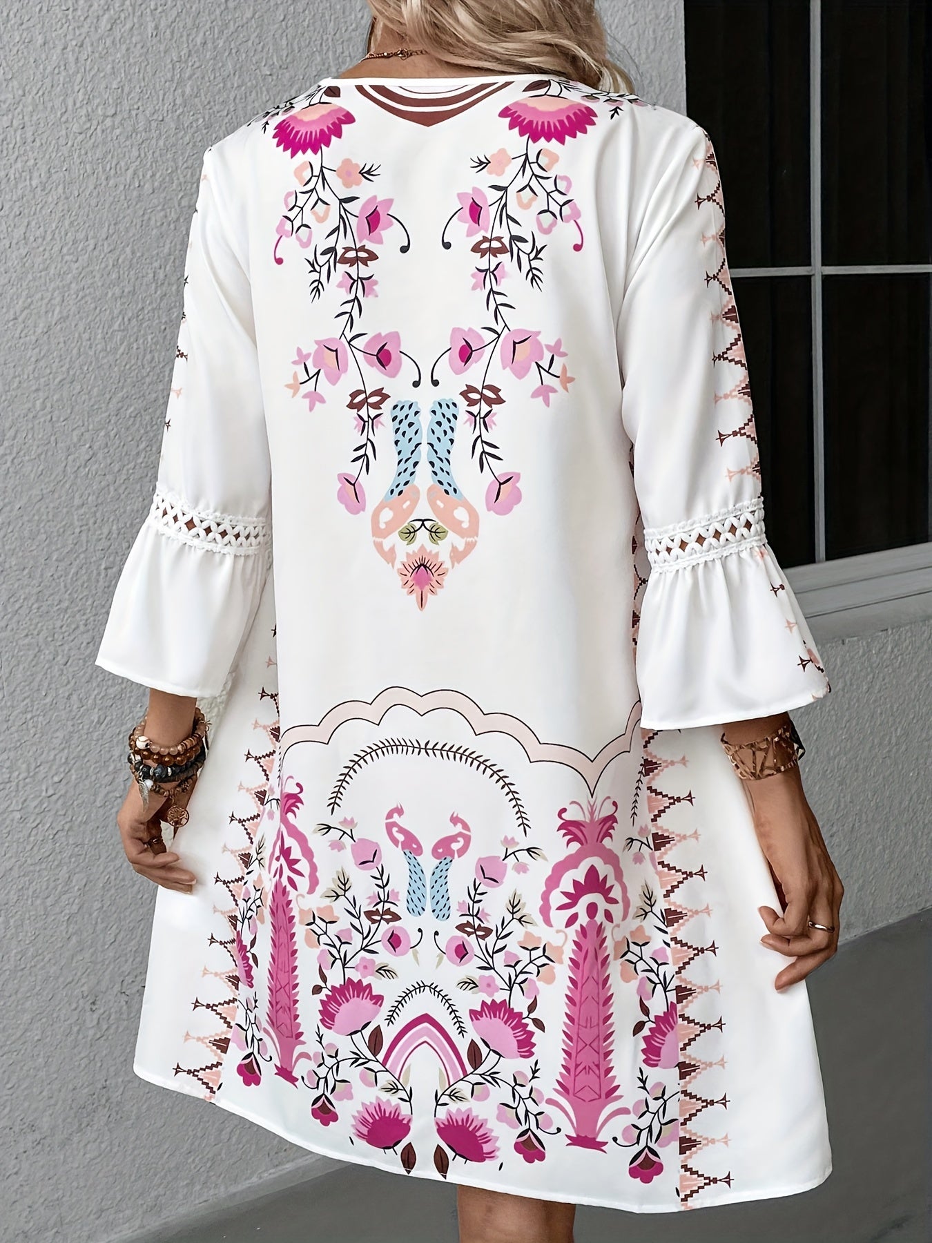 Women's Boho Embroidered Mini Dress with 3/4 Sleeves and V-Neck