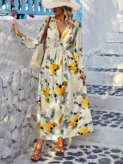 Women's Long Sleeve V-Neck Maxi Dress with Cinched Waist and Print
