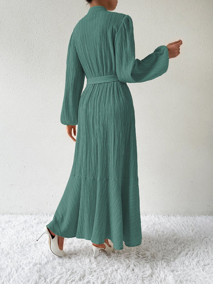 Women's Long-Sleeve Buttoned Maxi Dress with Waist Tie