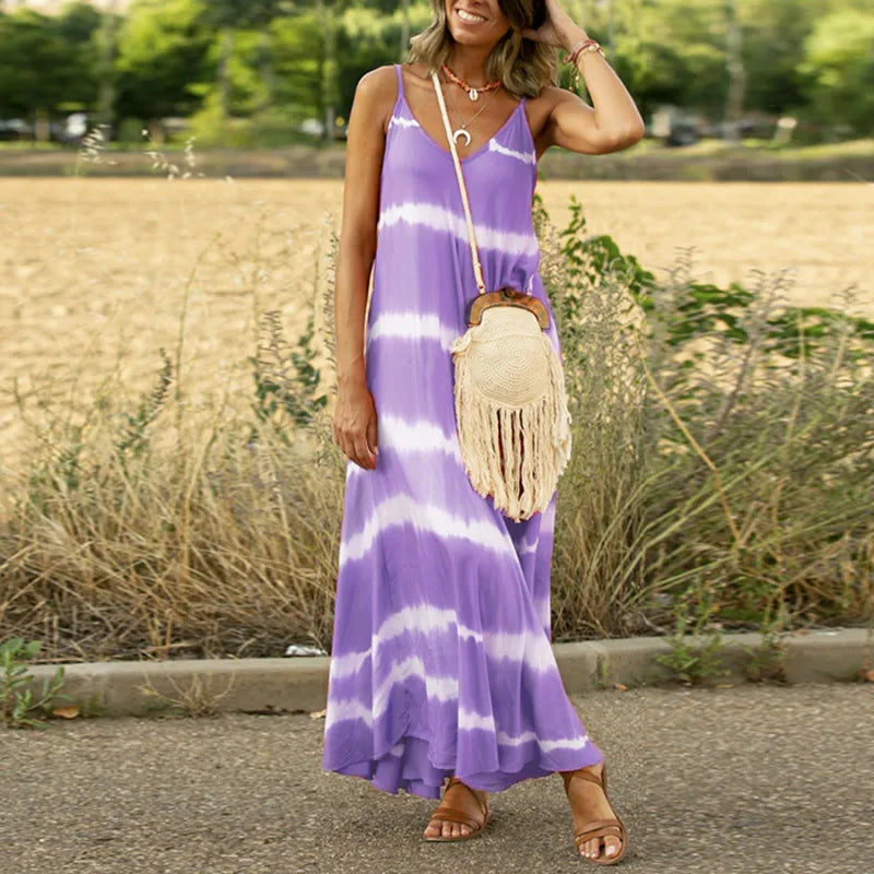 Women's Striped Spaghetti Strap Maxi Dress with Flowing Silhouette