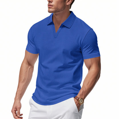 Men’s Summer V-Neck Waffle Polo Shirt – Slim & Lightweight