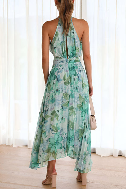 Women's Halter Maxi Dress with Pleated Waist and Watercolor Floral Print