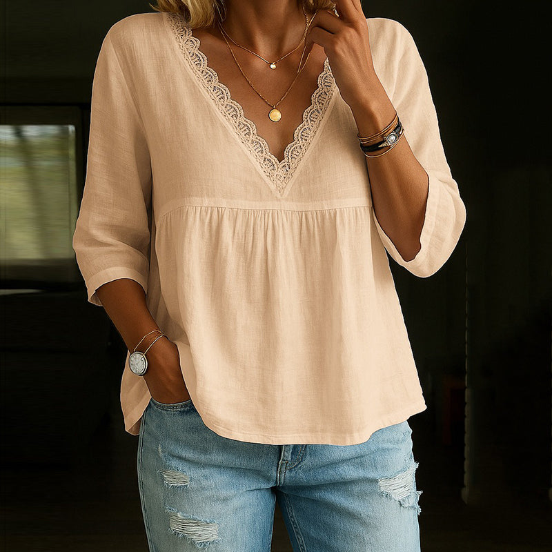 Women's 3/4 Sleeve V-Neck Blouse with Lace Trim and Flowy Fit