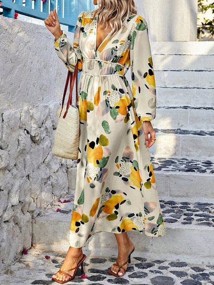 Women's Long Sleeve V-Neck Maxi Dress with Cinched Waist and Print