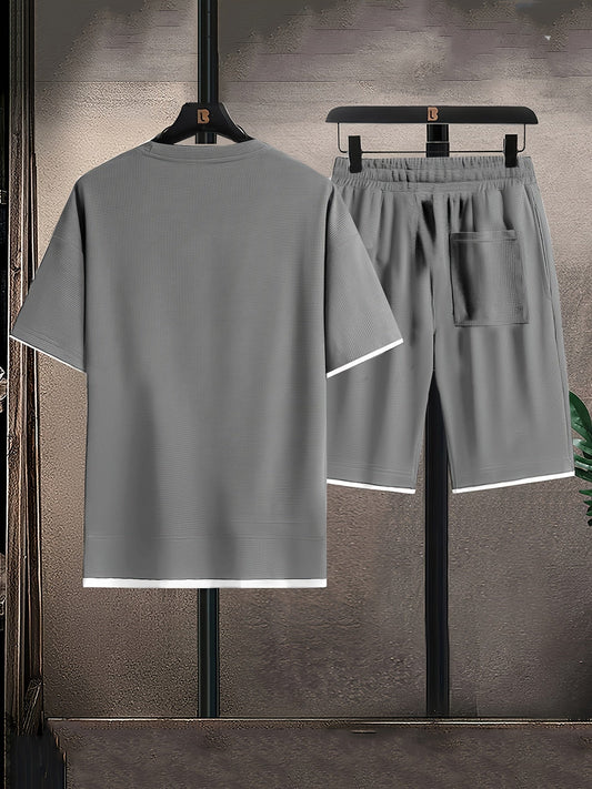 Men's Two-Piece Set with Short-Sleeve Top and Drawstring Shorts