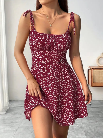 Women's Floral Mini Dress with Tie Straps and Flared Hem