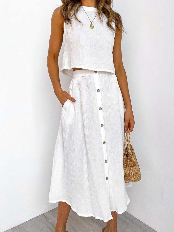 Women’s Two-Piece Button Skirt Set with Sleeveless Top and Pockets