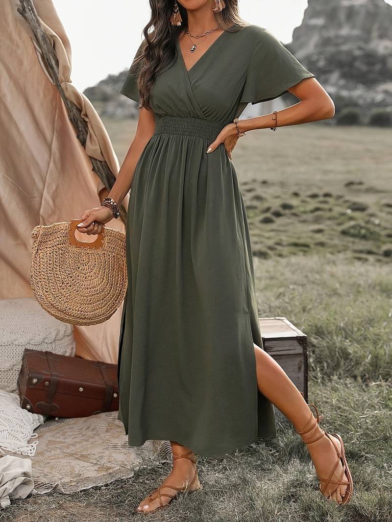 Women's V-Neck Maxi Dress with Elasticated Waist