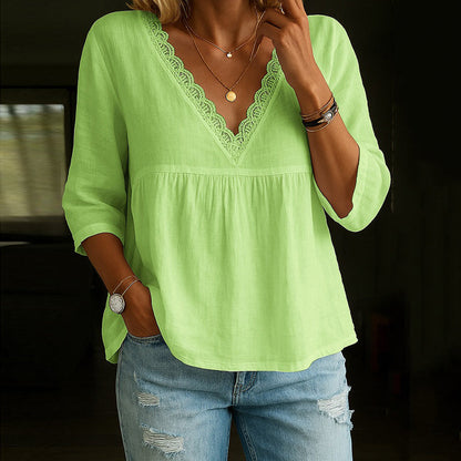 Women's 3/4 Sleeve V-Neck Blouse with Lace Trim and Flowy Fit