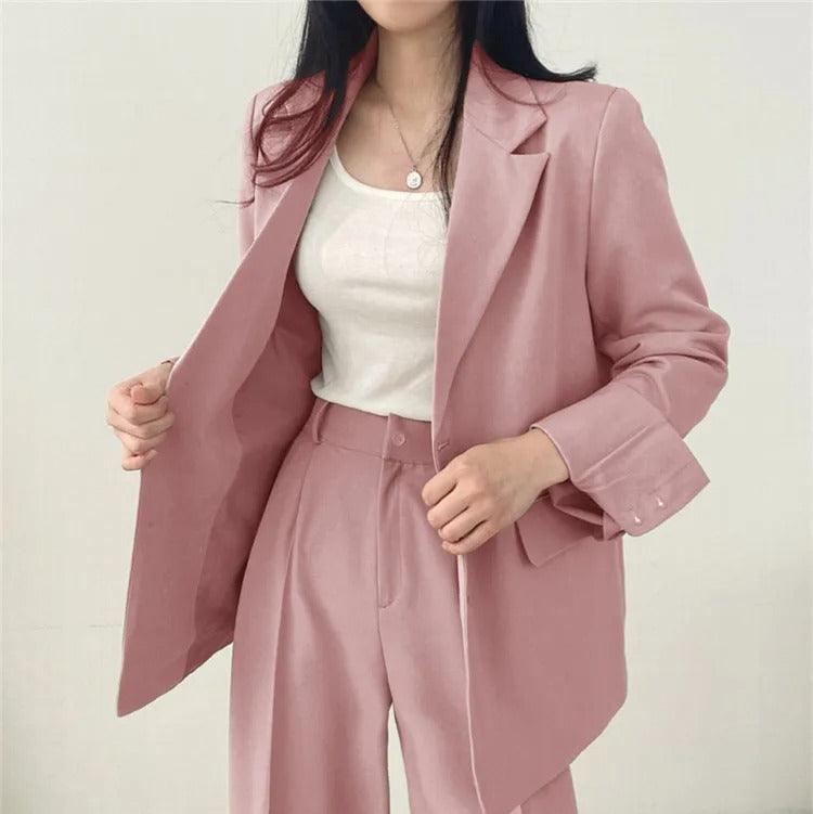 Women’s Tailored Two Piece Suit Set with Long Blazer and Straight-Leg Trousers