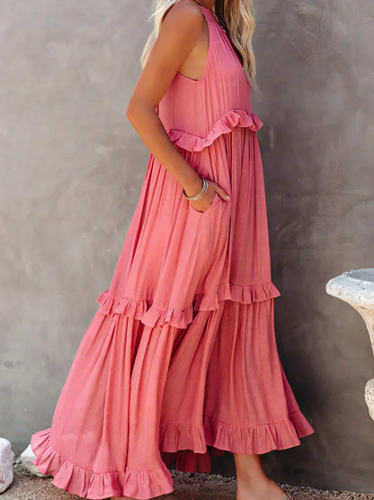 Women's Halterneck Maxi Dress with Ruffle Layers and Side Pockets