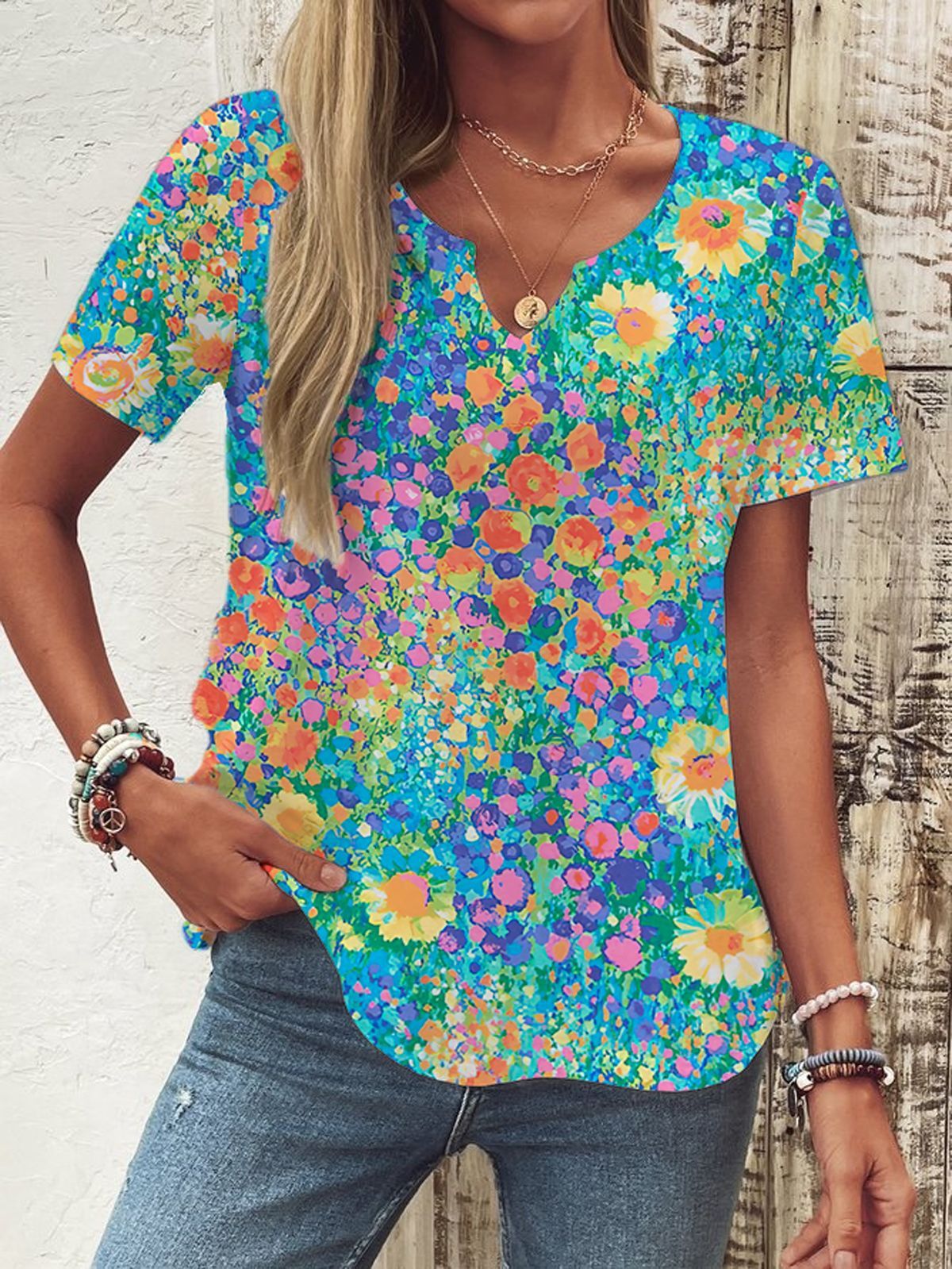 Women's Floral Short-Sleeve Button Top with Loose Casual Fit