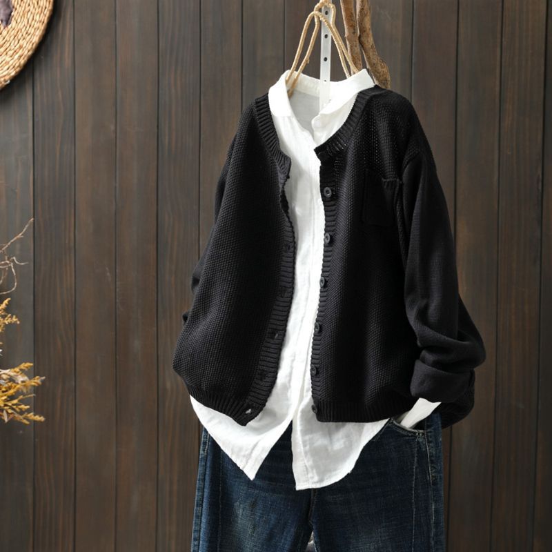 Women's Oversized Knit Cardigan with Pocket and Button Front