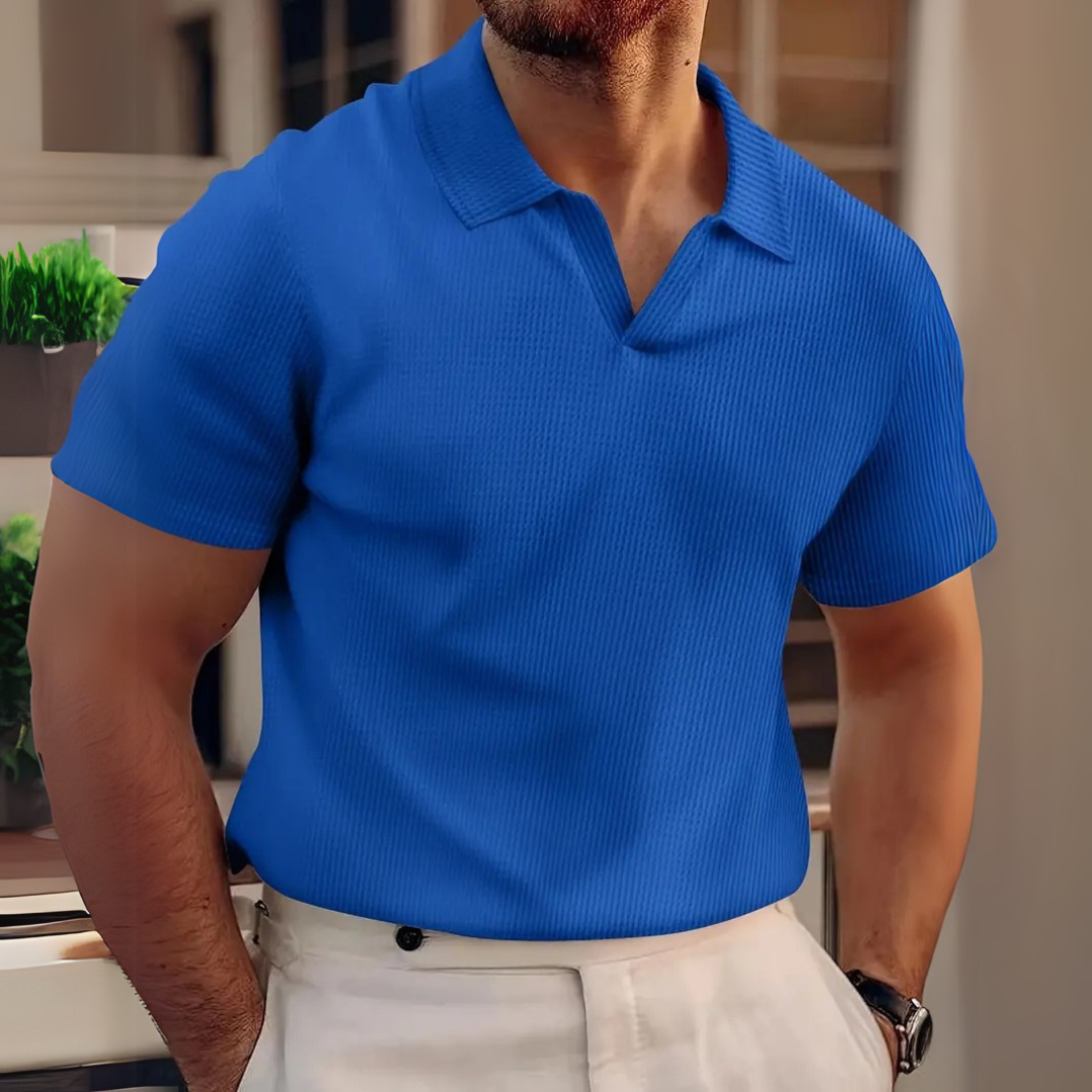 Men's Short Sleeve Ribbed Polo Shirt with V-Neck Collar