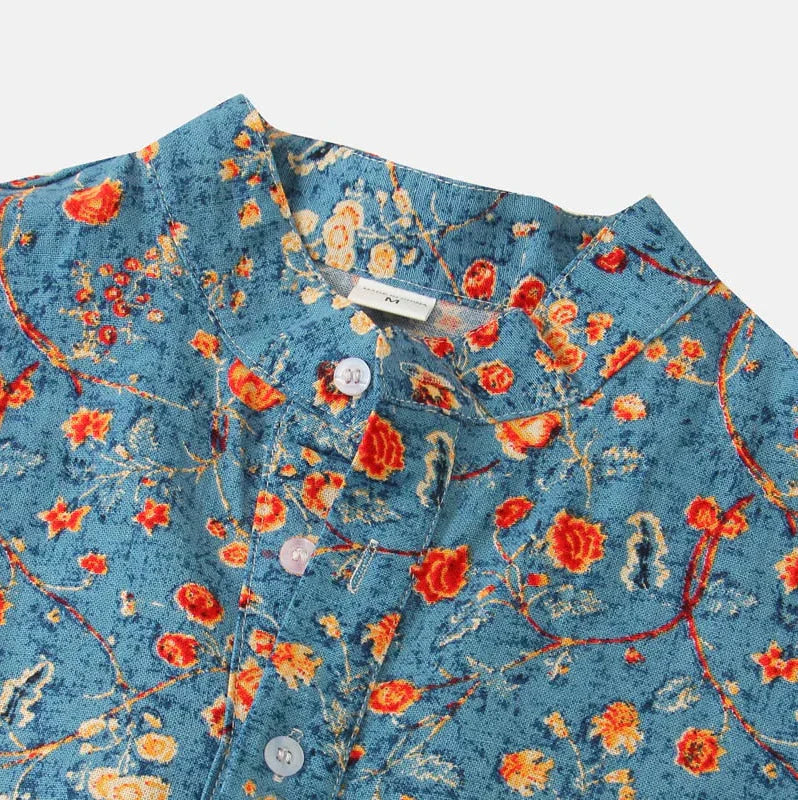 Men’s Floral Short Sleeve Shirt – Casual Summer Beach Shirt with Band Collar
