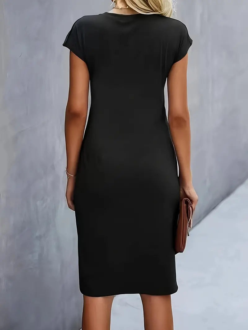 Women's Knee-Length Sheath Dress with Ruched Waist and Cap Sleeves
