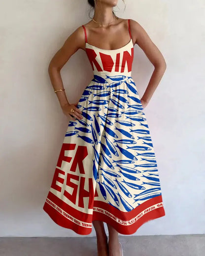 Women's Sleeveless Maxi Dress with Abstract Fish Print
