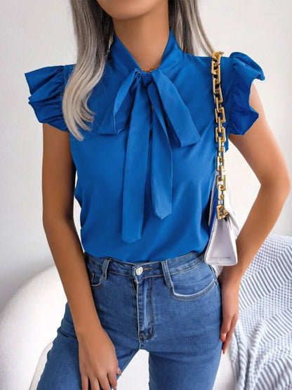 Women's Ruffle Sleeve Blouse with Front Tie and Elegant Neckline