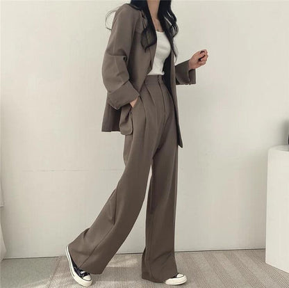 Women’s Tailored Two Piece Suit Set with Long Blazer and Straight-Leg Trousers