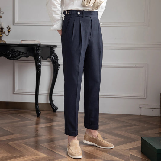 Men's High Waisted Work Trousers Pleated Ankle Length Classic Fit
