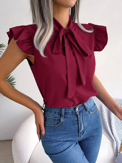 Women's Ruffle Sleeve Blouse with Front Tie and Elegant Neckline