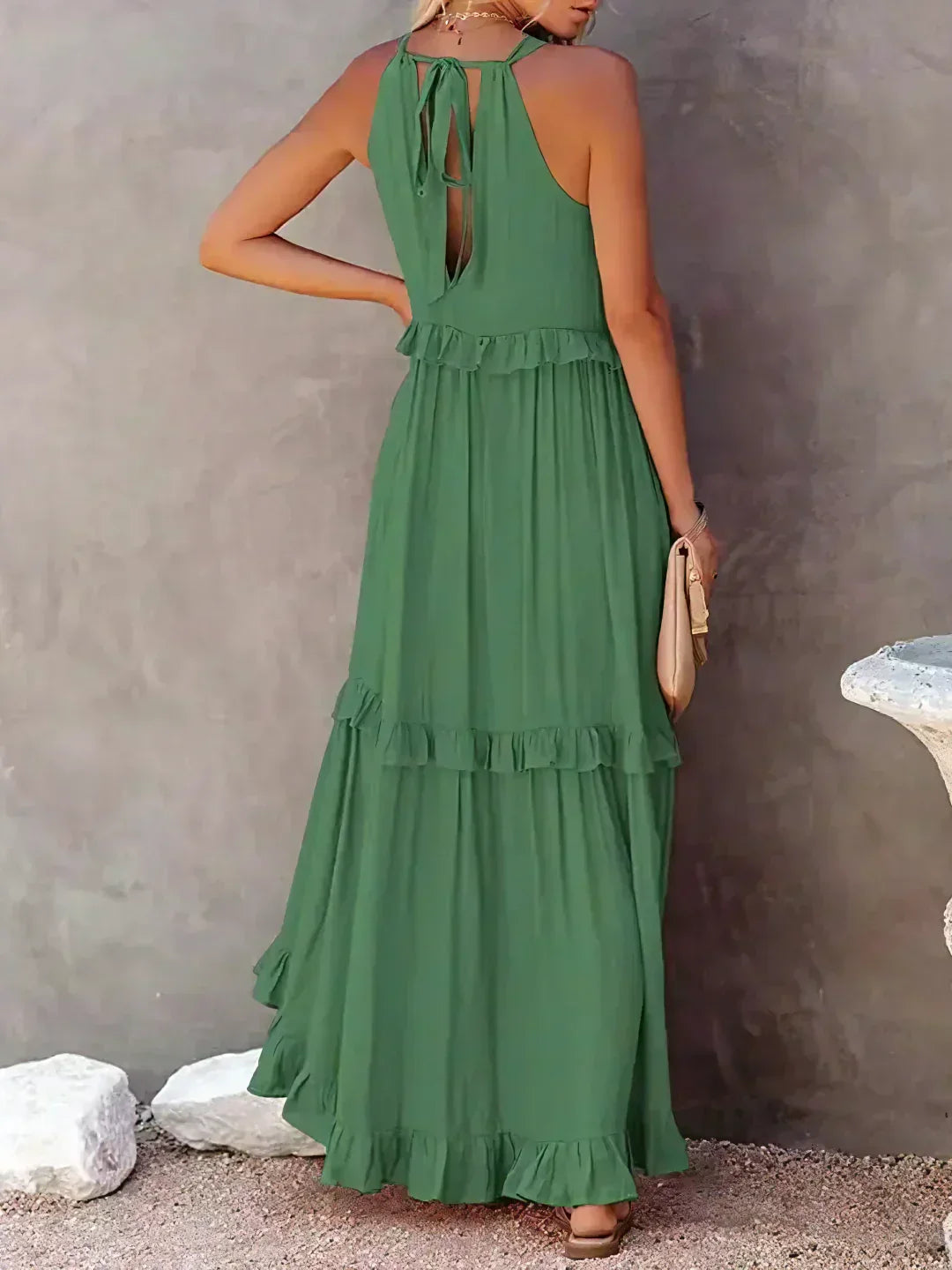Women's Halterneck Maxi Dress with Ruffle Layers and Side Pockets