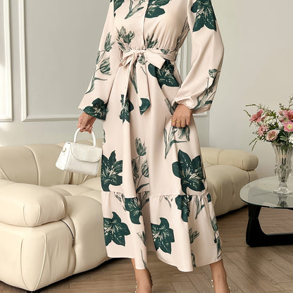 Women's Elegant Floral Maxi Dress with Belted Waist and Long Sleeves
