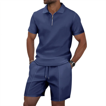 Men’s Solid Color Polo Collar T-Shirt & Shorts Set – Casual Leisure Outfit