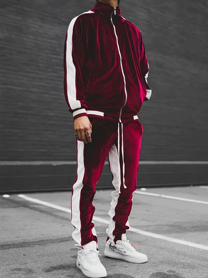 Men's Velvet Tracksuit 2-Piece Set with Zipper and Drawstring