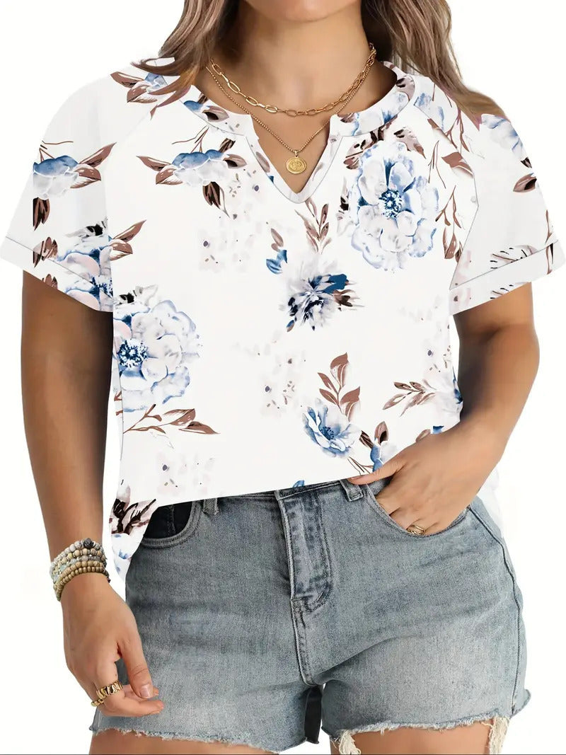 Women's Floral Short-Sleeve Button Top with Loose Casual Fit