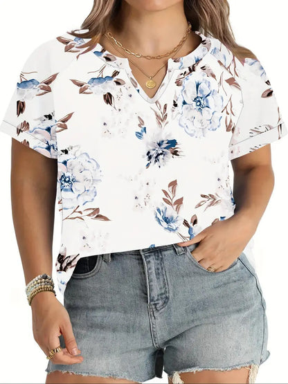 Women's Floral Short-Sleeve Button Top with Loose Casual Fit