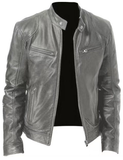 Men's Sleek Leather Jacket with Zip Closure and Stand Collar Design